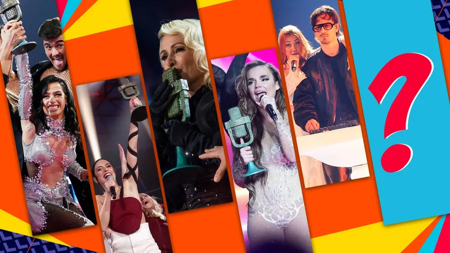 Collage de RTVE con artistas ganadores de anteriores ediciones del Benidorm Fest, con sus trofeos, y un gran signo de interrogación para la próxima edición