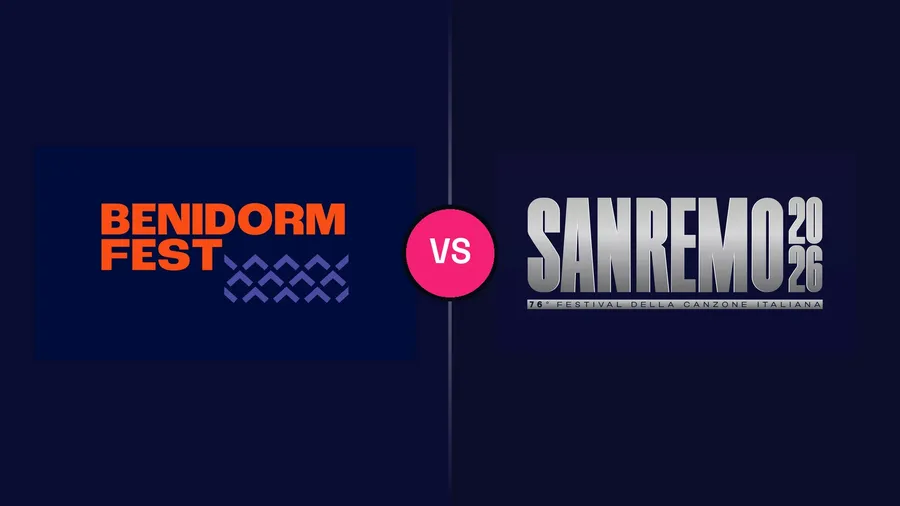 Los logos oficiales de Benidorm Fest 2026 y Sanremo 2026 uno junto al otro, separados por un divisor con un VS en el centro