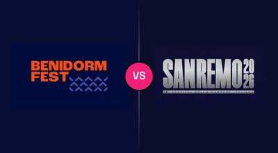 Los logos oficiales de Benidorm Fest 2026 y Sanremo 2026 uno junto al otro, separados por un divisor con un VS en el centro